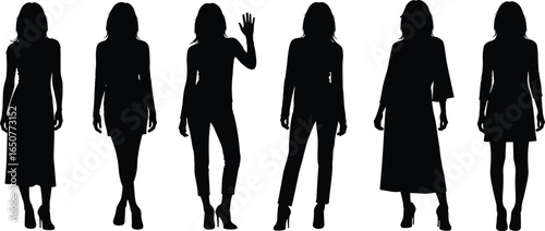 Fashion silhouette set of six diverse female poses, trendy clothing styles, body language illustration, black vector figures on white background, minimal design