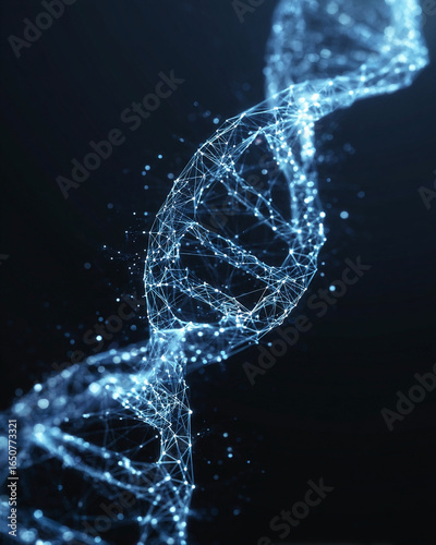 A futuristic 3D rendering of a DNA double helix, visualized as a glowing blue digital plexus network.