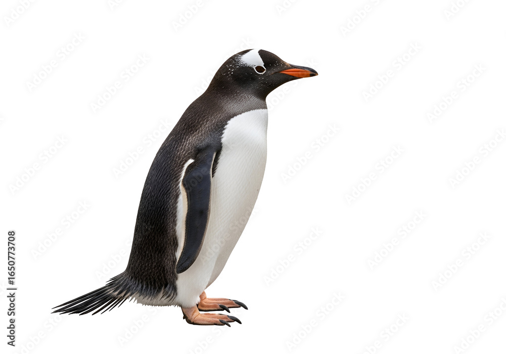 Fototapeta premium Elegant adult penguin standing on a black background with detailed feathers and posture