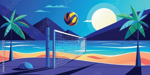 Tropical beach volleyball scene at sunset with palm trees and mountains