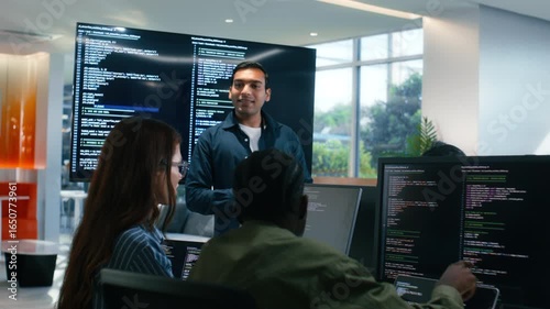 Group of A multicultural Software Developer working on laptop computer Writing Code on Desktop Computer in Co working Office Space. Professional Programmer Working on Coding Development Startup.