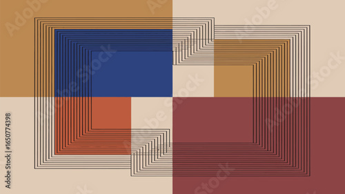 Abstract geometric design featuring squares in earth tones with black line square outlines and divisions