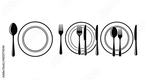 Vector art of elegant place setting with plates, cutlery, and silverware isolated on white background