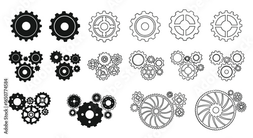 Vector art of collection of gear wheels isolated on white background in vector format