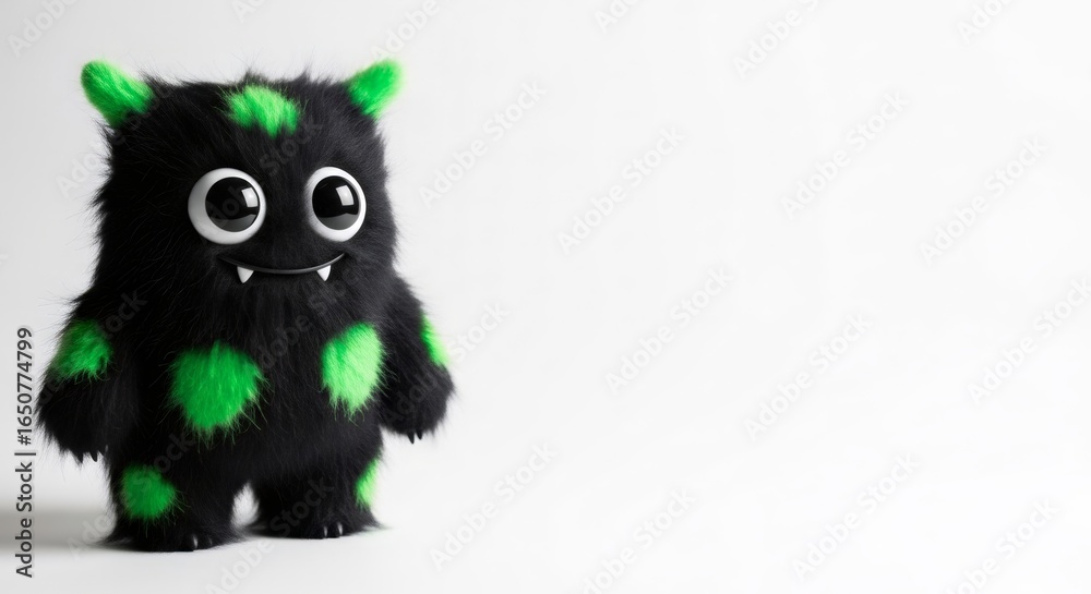 Fototapeta premium Cute furry green and black monster with big eyes. White background with copy space. Halloween mascot for party invitation.