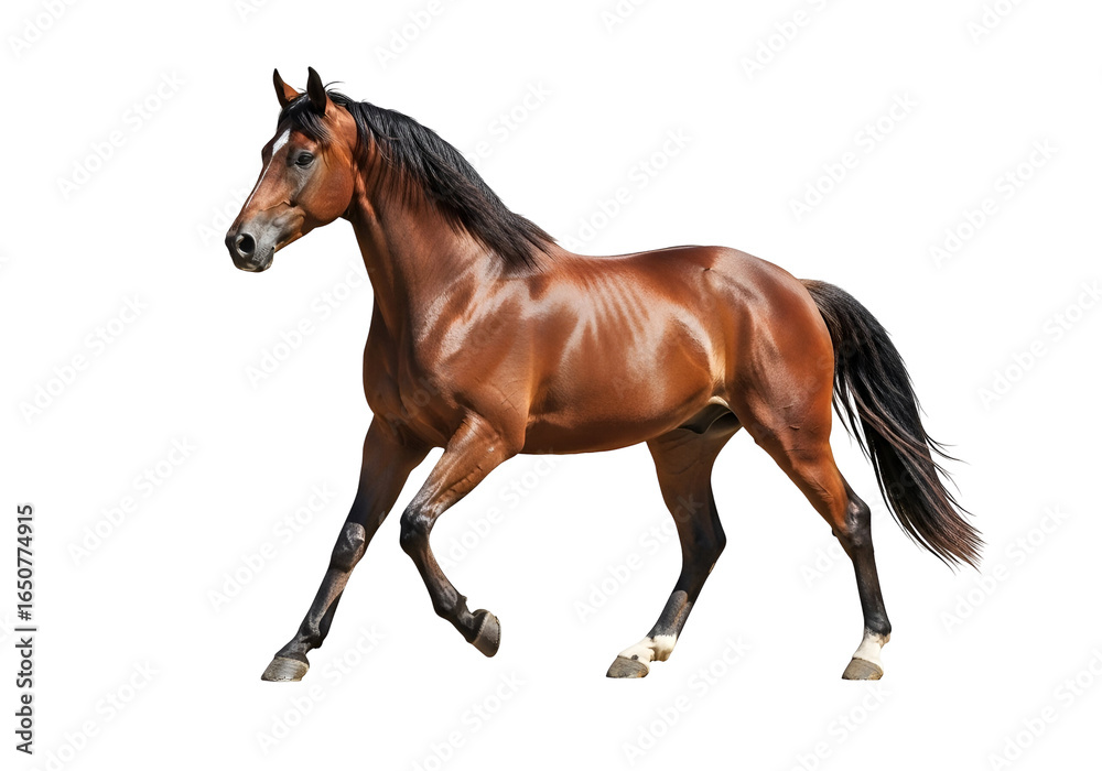 Obraz premium Elegant Brown Thoroughbred Horse Running on Black Background with Dynamic Pose and Shine