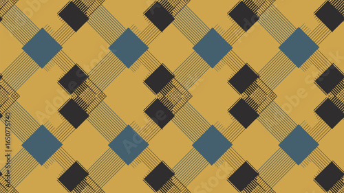 Pattern with alternating blue and black squares with line details on a yellow background creating a design