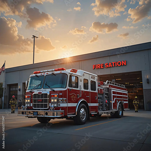 Fire Engine at Fire Station with American Flag at Sunset