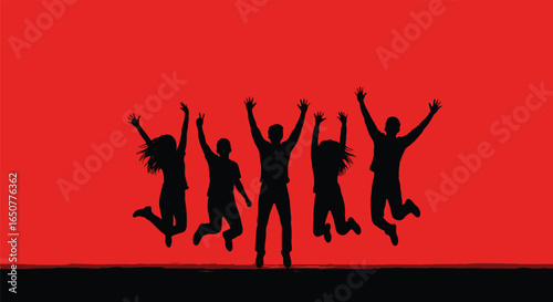 Vector art of silhouette of people jumping with arms raised against a vibrant red background