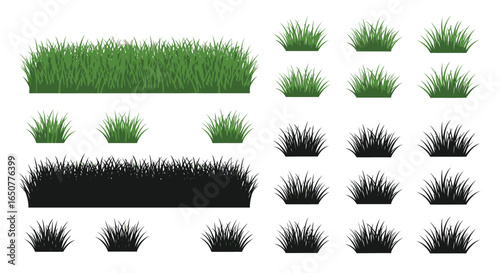 Vector art of assortment of green and black grass tufts isolated on white background