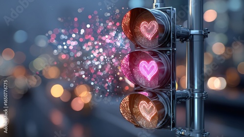 Romantic city street illuminated by glowing heart traffic lights