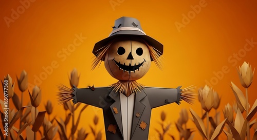 A stylized scarecrow wearing a hat and jacket standing in a field of wheat against an orange background
