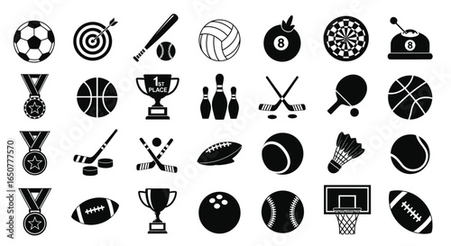 Vector art of collection of various sports equipment and awards isolated on white background