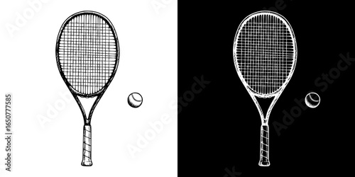  tennis racket and ball, isolated vector image, two design options on transparent and black background, pencil drawing, chalk drawing