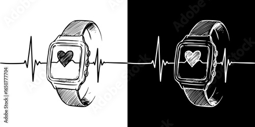 Sketch of heart rate monitor watch, isolated vector image, two design options on transparent and black background, pencil drawing, chalk drawing