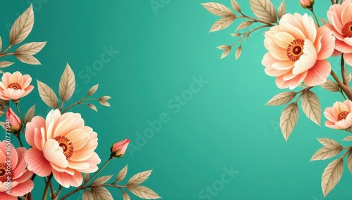 Classic teal wallpaper features elegant beige and peach floral patterns , vintage, soft colors