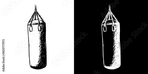 Isolated vector image of punching bag, two design options on transparent and black background, pencil drawing, chalk drawing