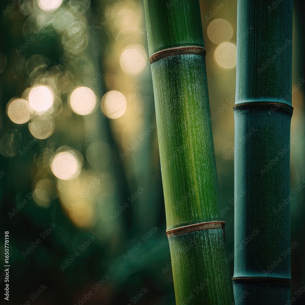 Close-up of vibrant green bamboo stalks in a sunlit forest Close-up of vibrant green bamboo stalks in a sunlit forest