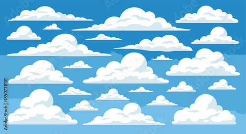 Vector art of a beautiful blue sky filled with fluffy white clouds on a bright sunny day