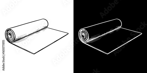 Isolated vector image of yoga mat slightly unrolled, two design options on transparent and black background, pencil drawing, chalk drawing