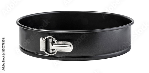 Round baking tray with detachable springform buckle on white background