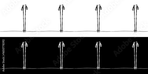 Isolated vector image of Scandinavian poles in pencil drawing style, two design options on transparent and black backgrounds, chalk drawing  