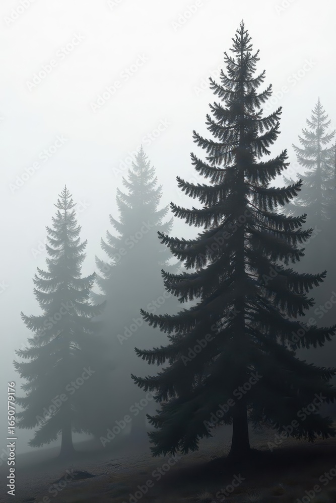 Fototapeta premium Misty morning, grayscale image of towering spruce trees , monochrome, graphic