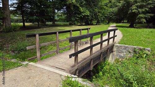 фотографія Compact wooden bridge with simple black railings stretches across a shallow stre