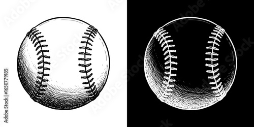 Isolated vector image of a baseball with two design options on transparent and black backgrounds, pencil drawing, chalk drawing  