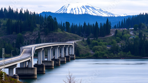 Long transport concrete interstate Glenn L Jackson Memorial Bridge over the Columbia River overlooking Mount Hood