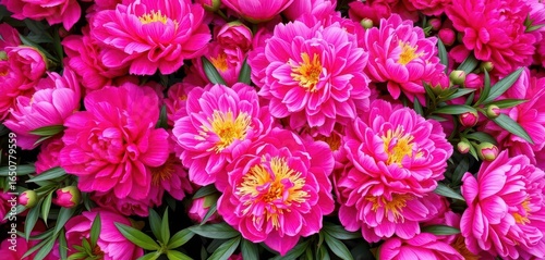 Vibrant magenta peonies fill the frame, lush and overflowing, elegant, buds
