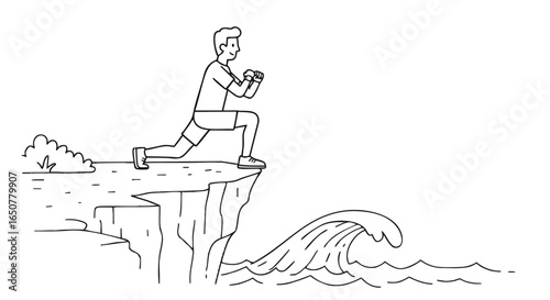 Line art illustration of a person performing lunges on a cliff edge overlooking the sea with a large wave