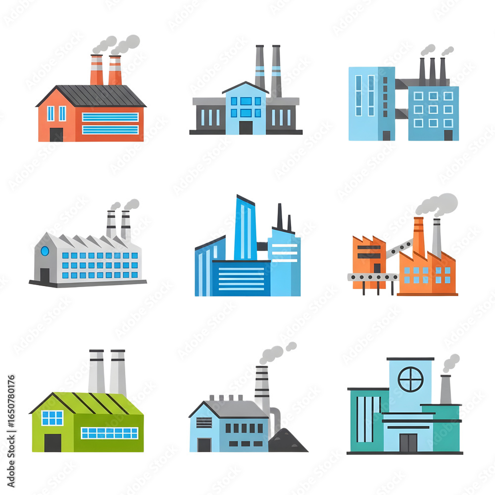 Obraz premium Illustration of nine different factory buildings with smoking chimneys on transparet background,png