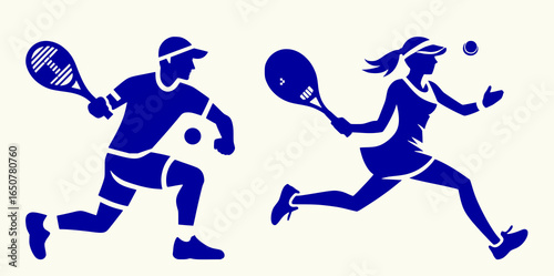 Simple black and white icon of male tennis player and female tennis player in motion, two separate silhouette illustrations isolated on transparent background
