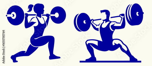 Simple black and white icon of male weightlifter and female weightlifter in motion, two separate silhouette illustrations isolated on transparent background
