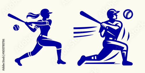 Simple black and white icon of male baseball player and female baseball player in motion, two separate silhouette illustrations isolated on transparent background
