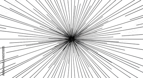 Abstract graphic composition featuring thin, sharp black lines radiating from an offset central point on a transparent background, symbolizing dynamic growth and focused impact