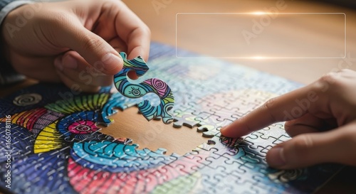 Person fitting the final puzzle piece into a multicolored design. Hands carefully place the last piece, completing the task