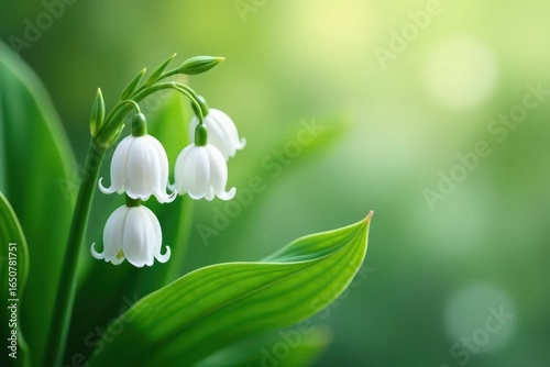 Soft focus white lily of the valley blossoms and leaves, elegant floral background , nature, purity
