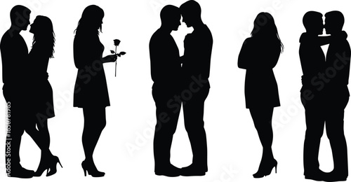 Silhouettes of couples in love, romantic moments, holding rose, intimacy, emotional connection, dating, affection, togetherness, happiness, relationship, young people, love story