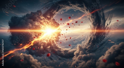 Cosmic Event Horizon Vortex Energy Clash Exploding Galaxy