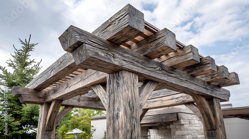 Rustic pergola design featuring solid grainy wooden beams, offering ideas for outdoor living spaces with a natural wood structure ideal for patios, gardens, or backyards.