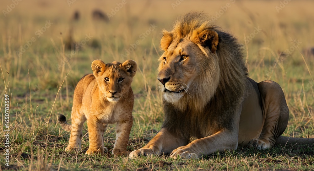 Fototapeta premium Majestic Lion and Cub in the African Savannah A Symbol of Strength and Family Bond
