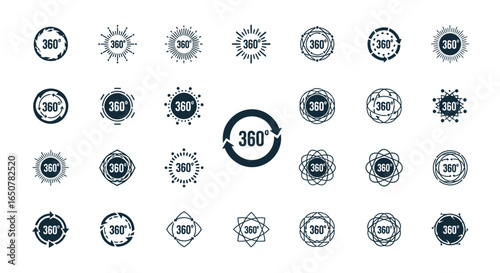 Vector art of 360 degree view icons isolated on white background for virtual reality experience