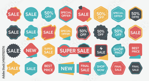 Vector art of collection of colorful sale and discount badges isolated on white background