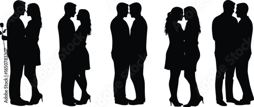Silhouettes of romantic couples standing close, holding rose, love, intimacy, togetherness, relationship, affection, dating, emotional connection, happiness, unity, young couples