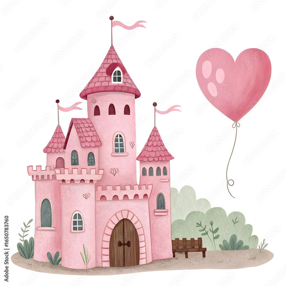 Fototapeta premium a pink castle with a pink roof and a pink heart s