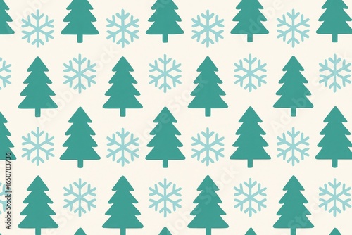 Teal pine and snowflake seamless pattern—clean winter background for holiday cards, wrapping, textiles, and wallpapers.