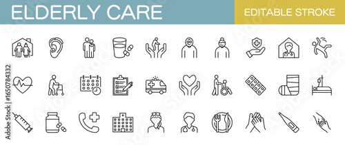Elderly care line icon set – Includes senior, nursing home, hospital  and medical. Editable stroke. Vector illustration.