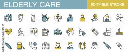 Elderly care line icon set – Includes senior, nursing home, hospital  and medical. Editable stroke. Colored vector illustration.